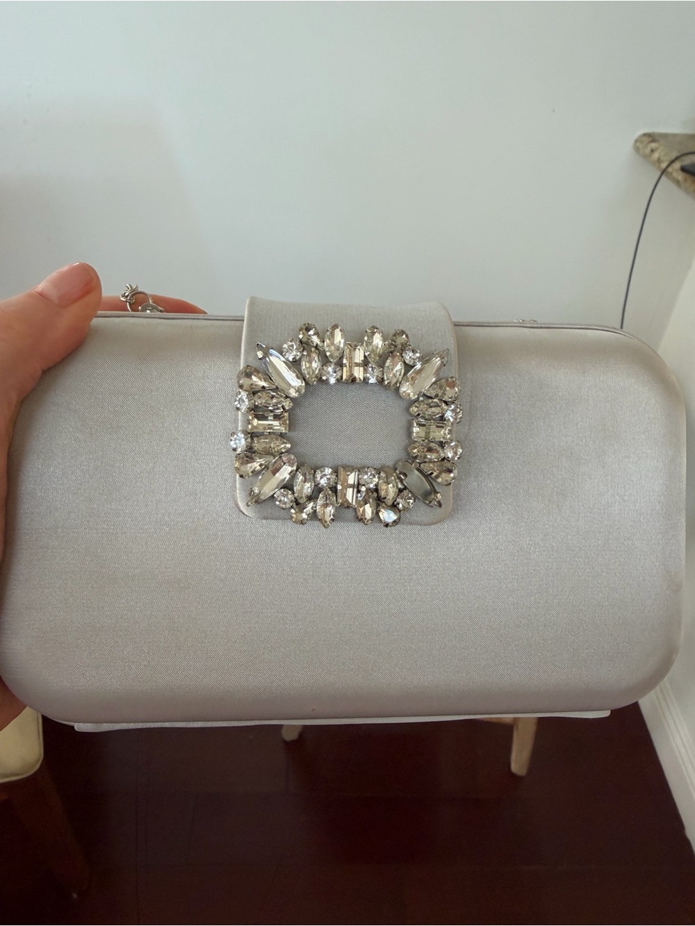 Olga Berg Silver Crystal-Embellished Satin Clutch